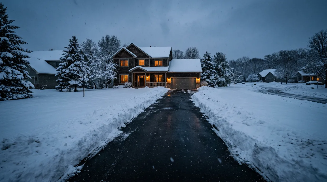 A freshly cleared residential driveway leading to a snow-covered house at dusk