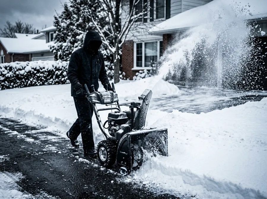 A snow blower clearing fresh snow from a residential driveway